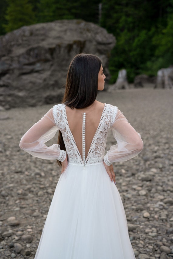 Ivory lace wedding dress, long-sleeve button back long train gown, open back, lace & chiffon. AURORA
