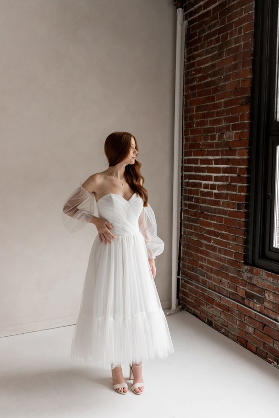 Casual wedding, Ivory lace wedding dress,  beach wedding dress, short wedding dress EVELYN