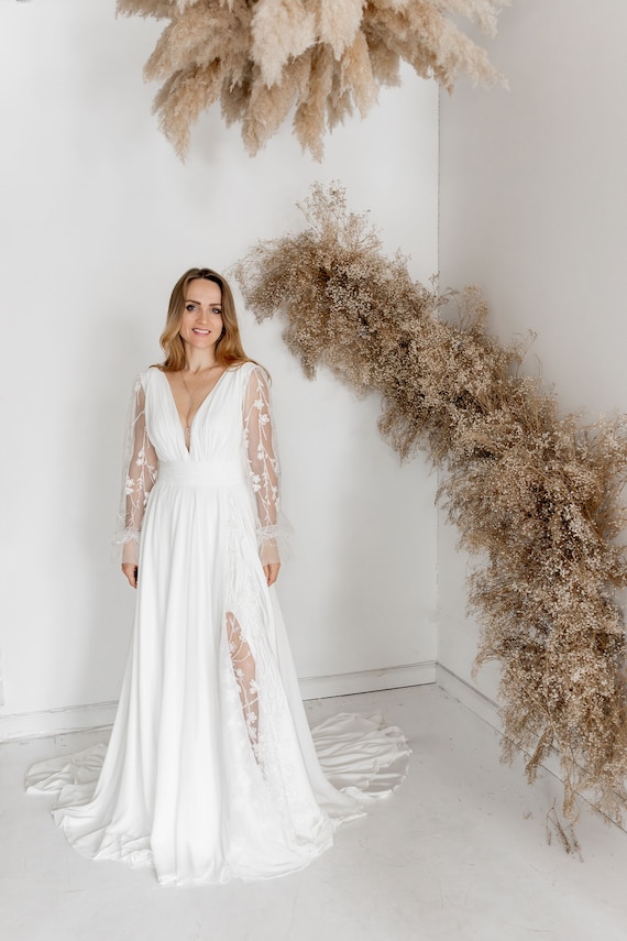 Boho style dress, Ivory lace wedding dress, long-sleeve button back long train gown. ELARA