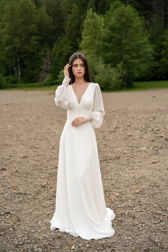 Ivory lace wedding dress, long-sleeve button back long train gown, open back, lace & chiffon. LUCY