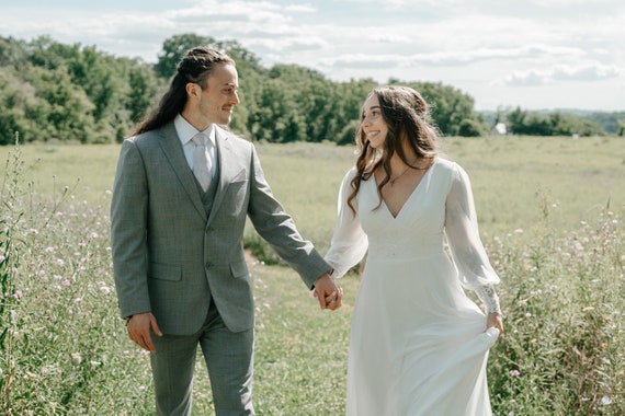 Ivory lace wedding dress, long-sleeve button back long train gown, open back, lace & chiffon, modest wedding dress, boho bridal dress LUCY