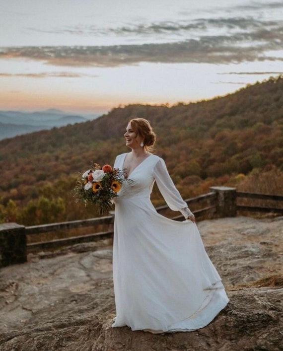 Modern wedding dress, Ivory lace wedding dress, long-sleeve button back long train gown, open back, boho beach romantic classic bridal LUCY