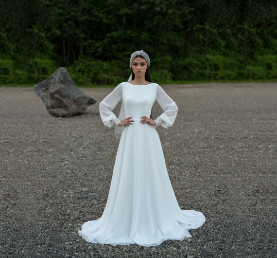 Ivory wedding dress. Long-sleeve button back long train gown. Simple, minimalistic, lace, classic wedding gowns. ELIZA