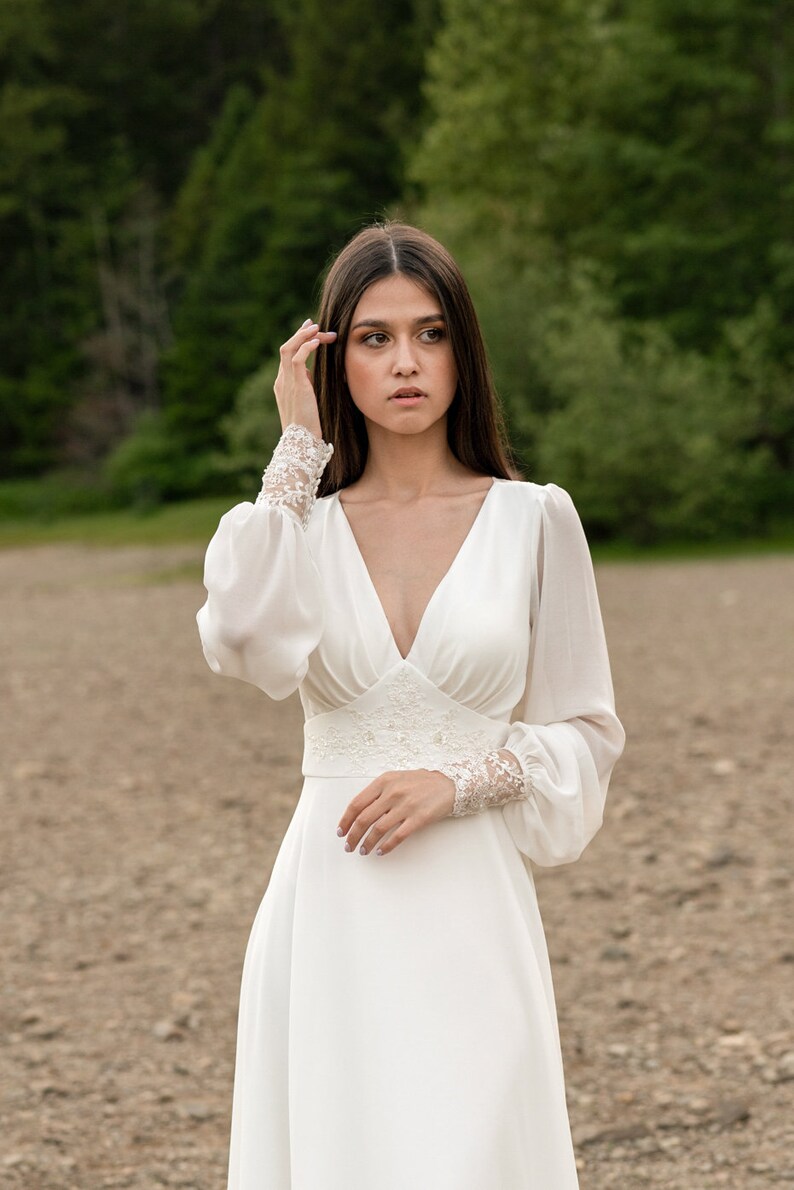 Ivory Lace Wedding Dress Long-sleeve Button Back Long Train - Etsy