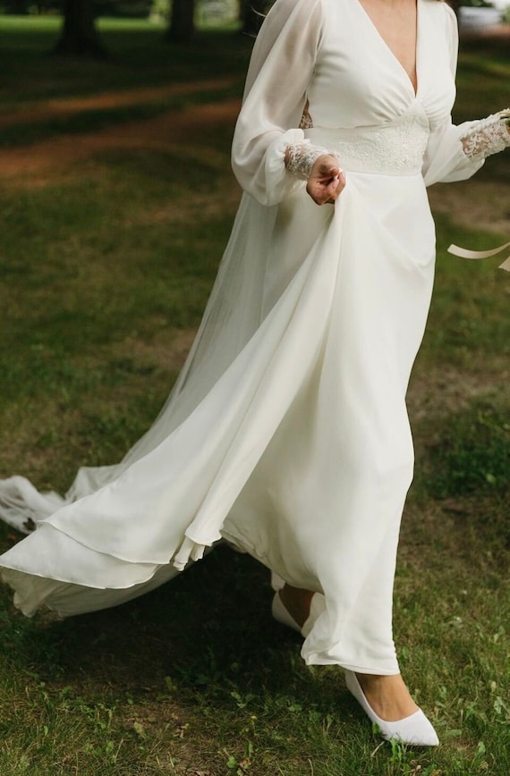 Classic wedding dress, simple wedding dress, long sleeve wedding, train wedding dress, open back dress, lace wedding dress LUCY