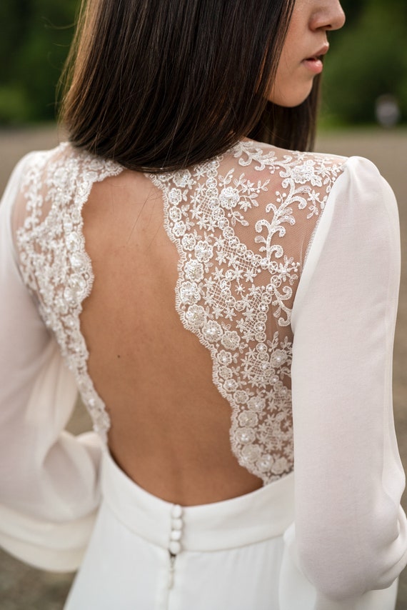 Ivory Lace Wedding Dress, Long-sleeve Button Back Long Train Gown, Open Back,  Lace & Chiffon. LUCY -  Canada