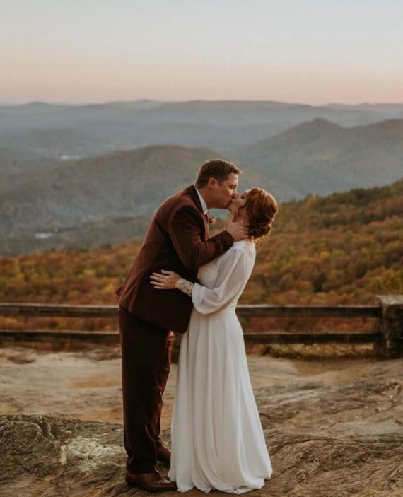 Ivory lace wedding dress, long-sleeve button back long train gown, open back, modest  simple bohemian beach boho romantic dress LUCY