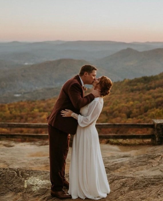 Ivory lace wedding dress, long-sleeve button back long train gown, open back, modest  simple bohemian beach boho romantic dress LUCY