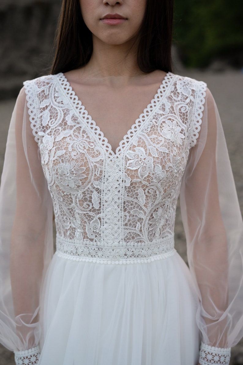 Luxurious Long Ivory Off-the-shoulder Lace Beading Long Sleeves Wedding Dress With Train main image 1