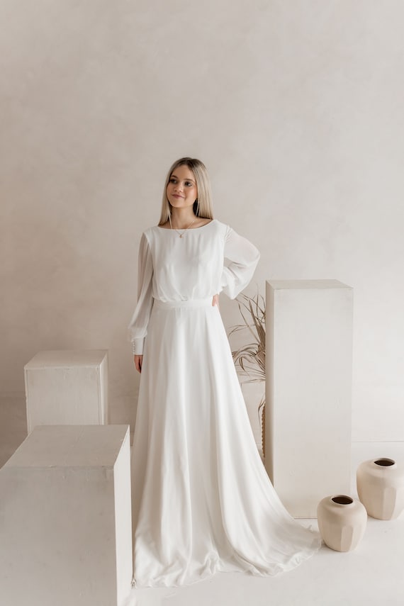 Boho bridal dress, long-sleeve button back long train gown, open back. JULIETTE