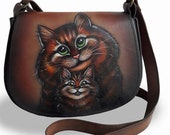 Hand painted leather bag . small womens bwith the image of cats, leather women 39 s bag, crossbody bag, shoulder bag,