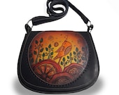 Hand painted leather bag with bird and flowers. small womens bag, leather women 39 s bag, crossbody bag, shoulder bag,