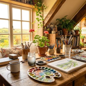 Op de afbeelding: Een gezellige kunstenaarswerkplek met een houten tafel, verfpaletten, penselen en aquarelverf. Een raam biedt uitzicht op een groen landschap. Planten en boeken dragen bij aan de creatieve sfeer. Een mok koffie staat op de tafel.