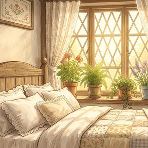May include: Watercolor illustration of a cozy bedroom with a wooden bed, white bedding, and a patchwork quilt. A window with lace curtains and potted plants on the sill adds a touch of nature. A framed floral artwork hangs on the wall.