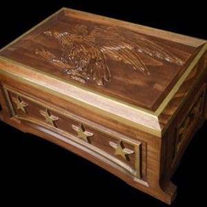Red Mahogany Stained Pine Box: Eagle Relief, Gold Details
