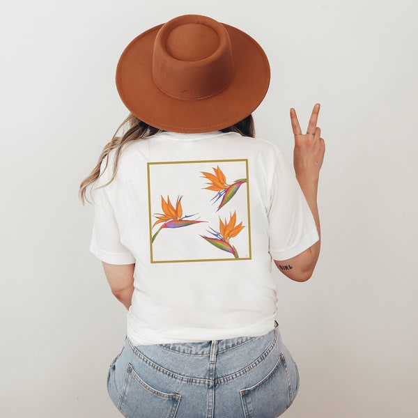Birds of Paradise Double-sided Floral Tee on premium Bella + Canvas Unisex shirt, Unisex Jersey Short Sleeve Tee, Decorative Floral Tee