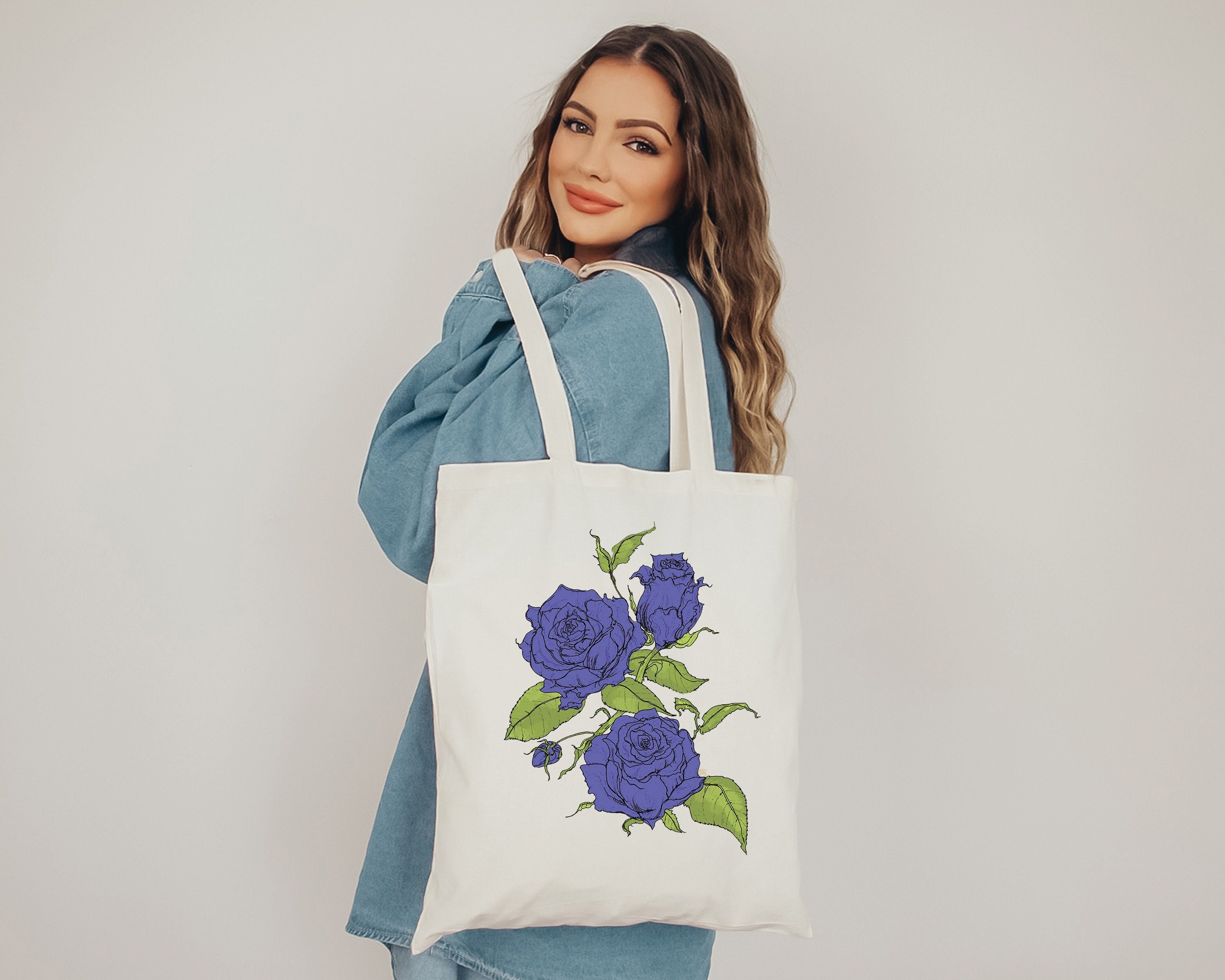 Purple Blue Roses Flower Cotton Canvas Tote Bag, Reusable Grocery 