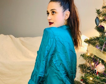 aqua silk blouse