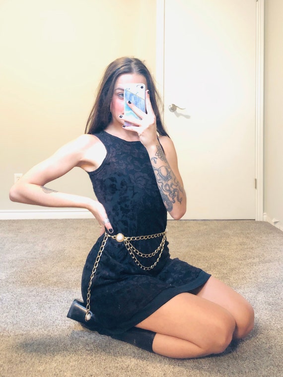Vintage 1990s Black Mini Dress Lace Floral Brocade
