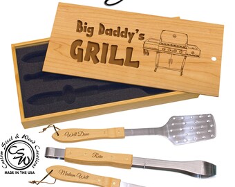 Personalized BBQ Grill Tool Set | Engraved Oak Box, Stainless Steel Utensils