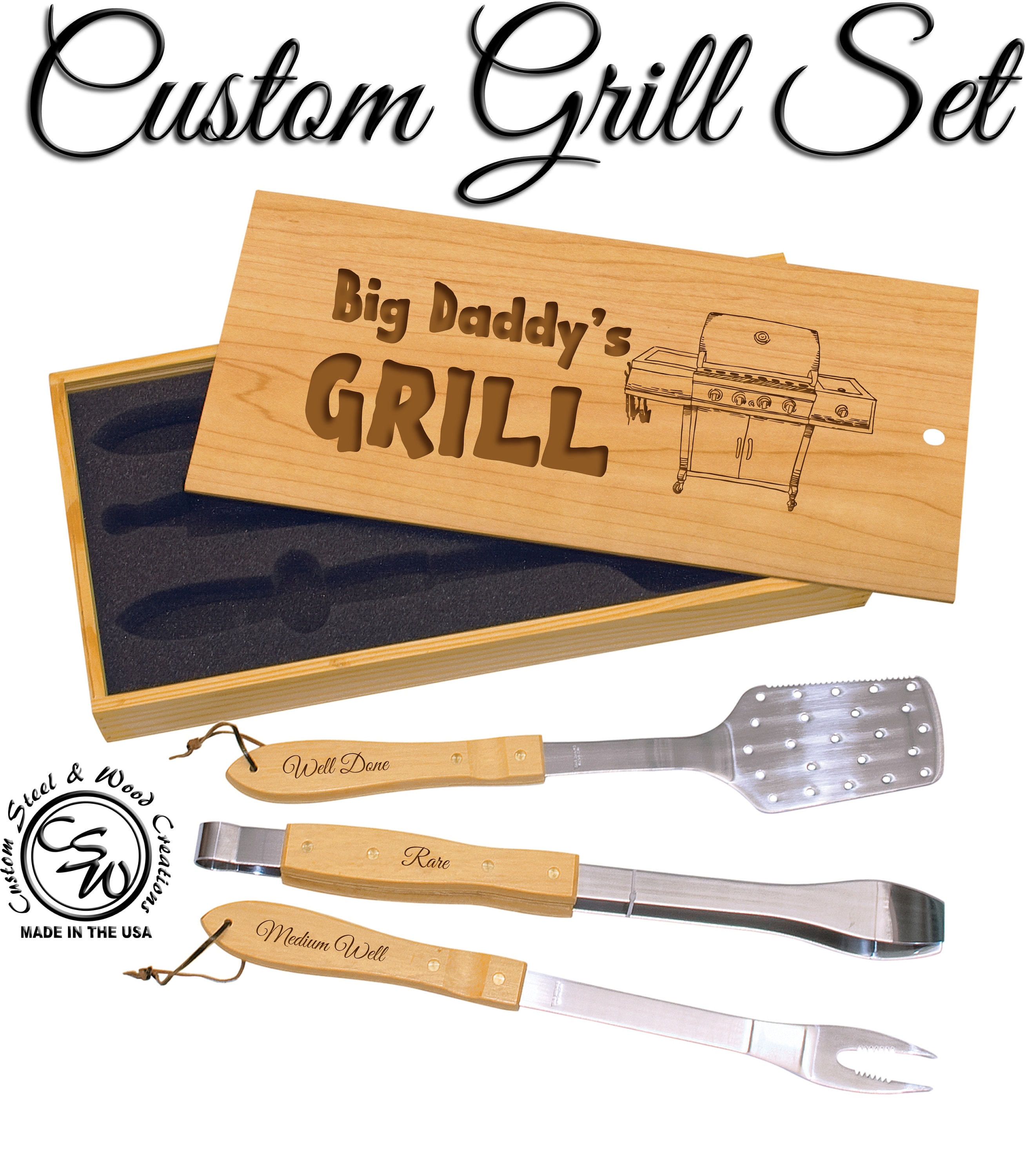 Custom Grilling Tools Personalized BBQ Grill Tool Set | Engraved Oak Box, Stainless Steel ...