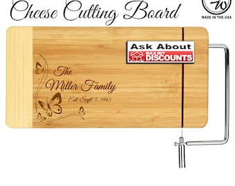Personalized Bamboo Cheese Board with Wire Cutter, Engraved Cutting Board
