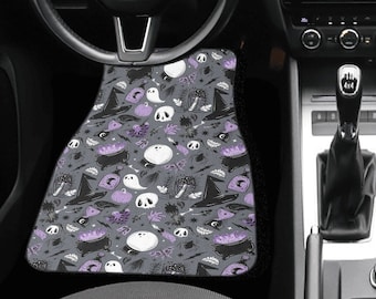 Witchcore Car Floor Mats, Spooky Skulls, Cauldrons Design