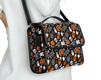 Kawaii Halloween Satchel Purse Bag Halloween Purse Spooky Satchel Bag Halloween Skeleton Shoulder Strap Top Handle Bag, Cute Ghost Bag Purse