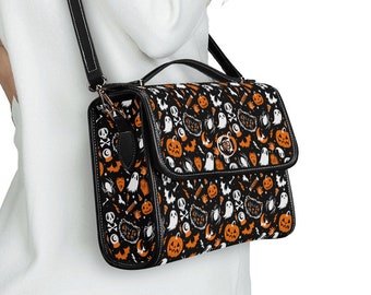 Kawaii Halloween Satchel Purse Bag Halloween Purse Spooky Satchel Bag Halloween Skull Bat Shoulder Strap Top Handle Bag Cute Halloween Purse