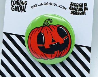 Spooky Halloween Cute Pumpkin Pinback Button Badge | Creepy Cute Halloween Jack-O-Lantern Pin | Spooky Season Pin Button Accessory