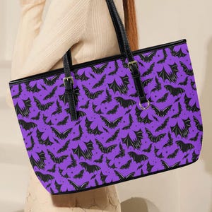 Gothic Halloween Bat Tote Bag, Spooky Faux Leather Large Bag Purse, Purple Black Goth Bat Bag, Spooky Halloween Bat Purse for Spooky Season