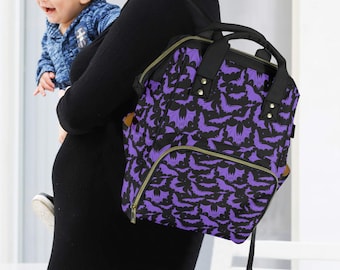 Gothic Bats Black Purple Diaper Bag Backpack, Spooky Bats Diaper Bag Backpack Diaper Bag, Gothic Halloween Bats Travel Diaper Backpack Bag