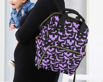 Black Purple Pastel Gothic Bats Diaper Bag Backpack, Spooky Bats Diaper Bag Backpack, Gothic Halloween Bats Travel Diaper Backpack Bag