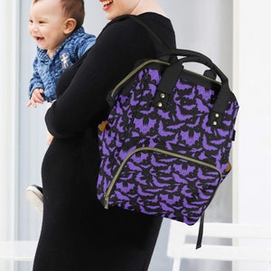 Gothic Bats Black Purple Diaper Bag Backpack, Spooky Bats Diaper Bag Backpack Diaper Bag, Gothic Halloween Bats Travel Diaper Backpack Bag