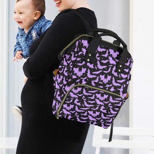 Black Purple Pastel Gothic Bats Diaper Bag Backpack, Spooky Bats Diaper Bag Backpack, Gothic Halloween Bats Travel Diaper Backpack Bag