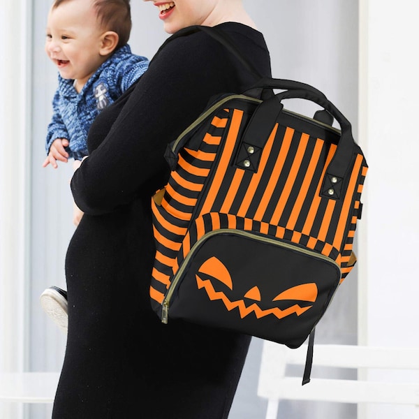 Halloween Black Orange Stripe Pumpkin Face Diaper Bag Backpack, Spooky Jack-o-Lantern Stripe Diaper Bag Backpack, Halloween Travel Backpack