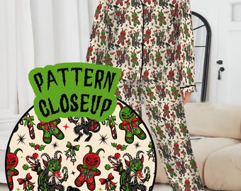 Spooky Krampus Gingerdead Creepmas Gothic Satin Pajamas, Spooky Season PJs, Gothmas Sleepwear, Spooky Creepy Christmas Goth Loungewear