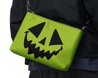 Pumpkin Jack-O-Lantern Face Spooky Halloween Crossbody Bag, Creepy Fall Shoulder Clutch Wristlet Purse