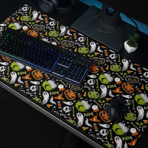 Spooky Orange, Green Black White Patterned Halloween Desk Mouse Pad Mat, Halloween Goth Goth Desk Mouse Pad Mat, Kawaii Desk Decor