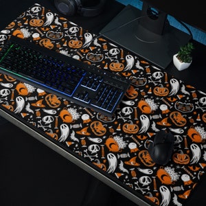 Spooky Orange, Black, White Patterned Halloween Desk Mouse Pad Mat, Halloween Black, Orange, White Goth Desk Mouse Pad Mat, Cute Kawaii Desk