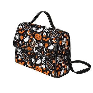 Spooky Cute Halloween Pumpkin Satchel Purse, Kawaii Gothic Halloween Purse, whimsical spooky pumpkin Purse with bat cat ghost accents