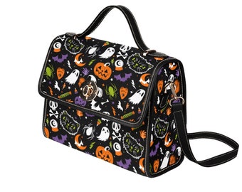 Spooky Halloween Satchel Purse, Kawaii Goth Pumpkin, Black Cat Design