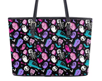 Pastel Goth Pink Purple Blue Halloween Cute Goth Hearse Skulls Skeleton Bats Tote Bag, Spooky Coffin Tombstone Ghost Planchette Tote Bag