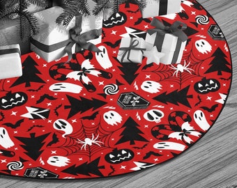 May include: A red Halloween-themed Christmas tree skirt with a black and white pattern. The design includes ghosts, bats, spiderwebs, jack-o'-lanterns, and Christmas trees. The skirt is under a Christmas tree with wrapped gifts.