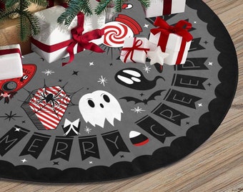 May include: A gray Halloween-themed tree skirt with a black scalloped edge. The skirt features a spider web, ghost, bat, and candy corn design. The words "MERRY CREEP" are printed on black banners. Presents and a Christmas tree are in the background.