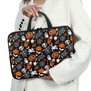 Orange Black White Halloween Laptop Sleeve with Handles, Spooky Laptop Sleeve, Goth Laptop Sleeve, Spooky Halloween Laptop Sleeve