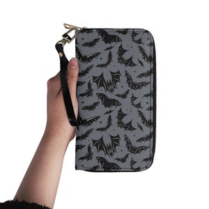Spooky Gothic Bats Halloween Wallet with Wrist Strap Gray Black Gothic Bats Wristlet Wallet for Her Spooky Gothic Batty Wallet Pocketbook