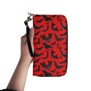 Spooky Gothic Bats Halloween Wallet with Wrist Strap Red Black Gothic Bats Wristlet Wallet for Her Spooky Gothic Batty Wallet Pocketbook