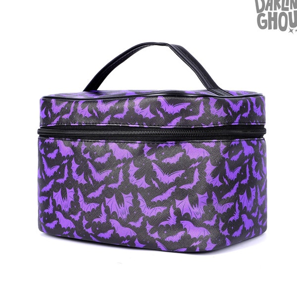 Black Purple Gothic Bats Makeup Case, Gothic Bats Cosmetic Case, Bats Makeup Case, Spooky Bats Makeup Bag, Goth Makeup Bag, Gothcore Bag