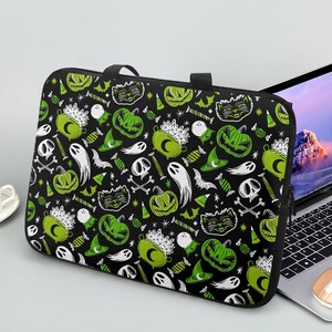 Green Black White Halloween Laptop Sleeve with Handles, Spooky Laptop Sleeve, Goth Laptop Sleeve, Spooky Halloween Laptop Sleeve